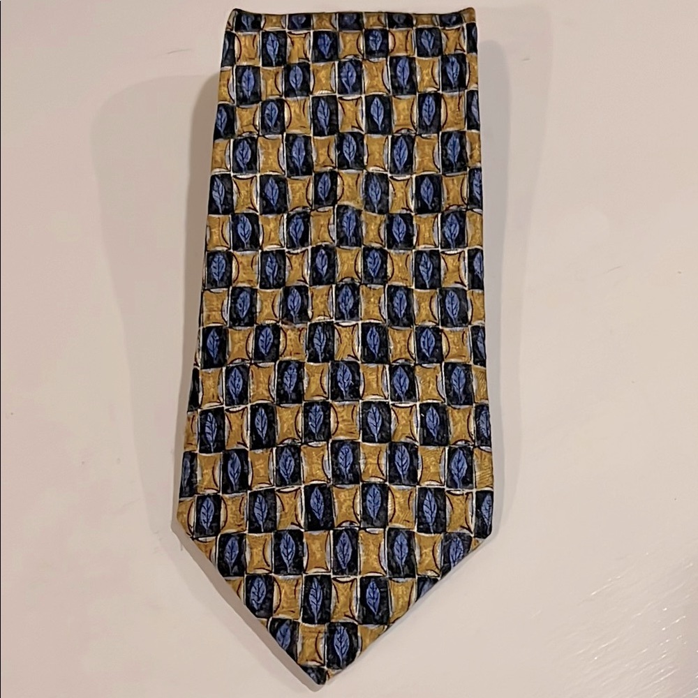 ERMENEGILDO ZEGNA Vintage 100% Silk Designer Mens Neck TIE Blue Gold Pattern